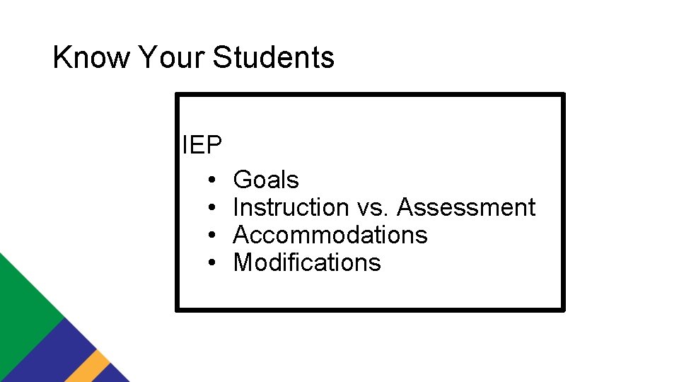 Know Your Students IEP • • Goals Instruction vs. Assessment Accommodations Modifications 