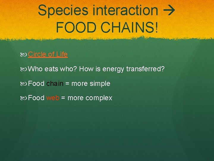 Species interaction FOOD CHAINS! Circle of Life Who eats who? How is energy transferred?