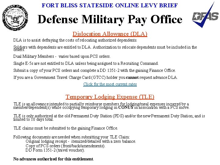 FORT BLISS STATESIDE ONLINE LEVY BRIEF Defense Military Pay Office Dislocation Allowance (DLA) DLA