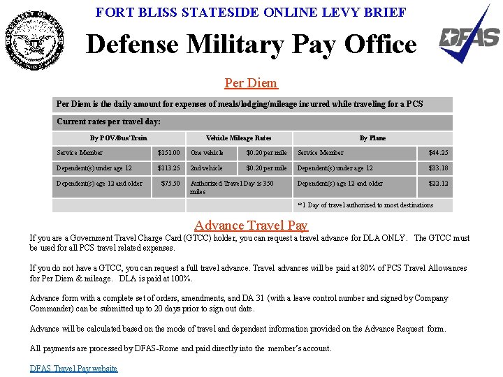 FORT BLISS STATESIDE ONLINE LEVY BRIEF Defense Military Pay Office Per Diem is the