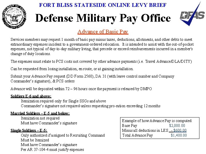 FORT BLISS STATESIDE ONLINE LEVY BRIEF Defense Military Pay Office Advance of Basic Pay