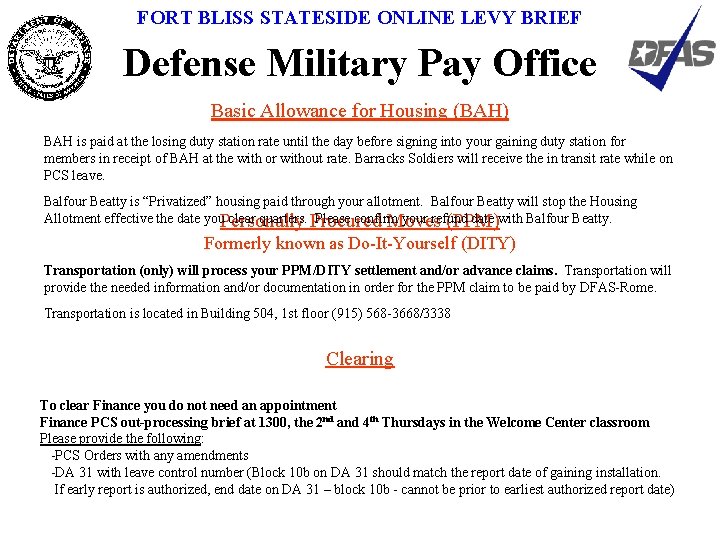 FORT BLISS STATESIDE ONLINE LEVY BRIEF Defense Military Pay Office Basic Allowance for Housing