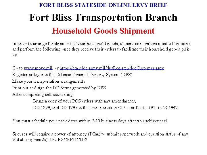 FORT BLISS STATESIDE ONLINE LEVY BRIEF Fort Bliss Transportation Branch Household Goods Shipment In