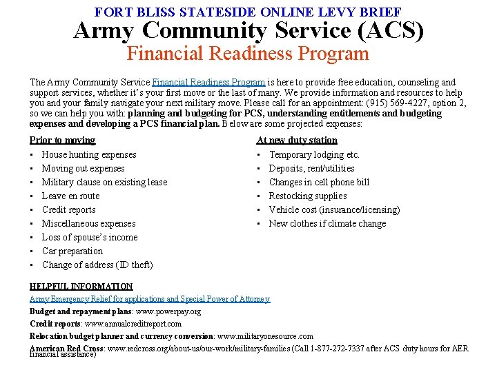 FORT BLISS STATESIDE ONLINE LEVY BRIEF Army Community Service (ACS) Financial Readiness Program The