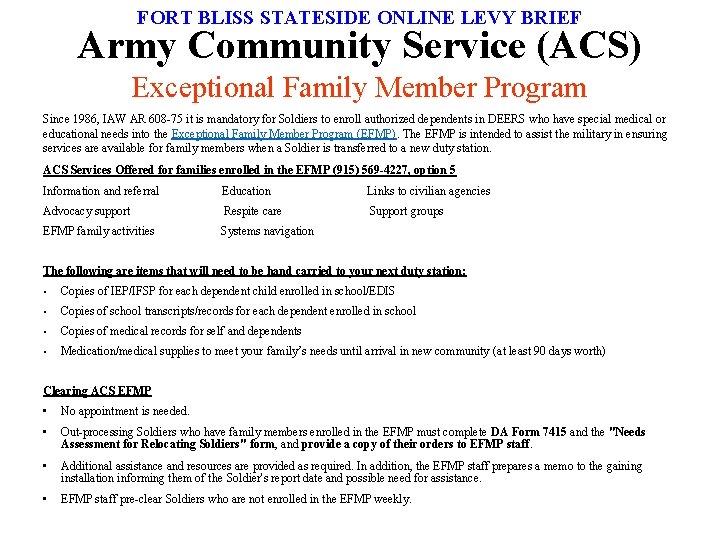 FORT BLISS STATESIDE ONLINE LEVY BRIEF Army Community Service (ACS) Exceptional Family Member Program