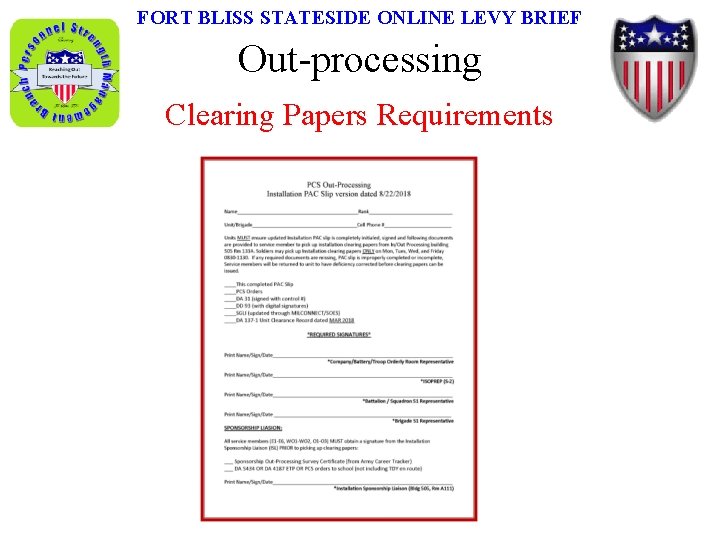 FORT BLISS STATESIDE ONLINE LEVY BRIEF Out-processing Clearing Papers Requirements 