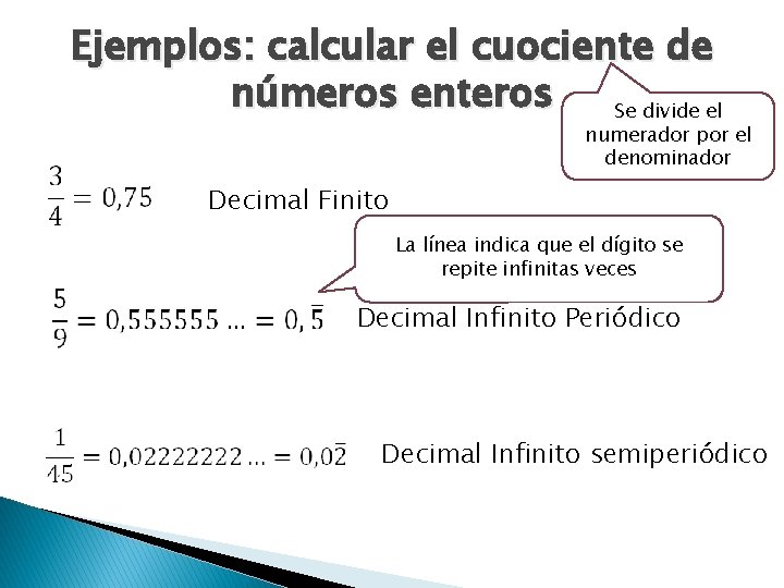 Ejemplos: calcular el cuociente de números enteros Se divide el numerador por el denominador