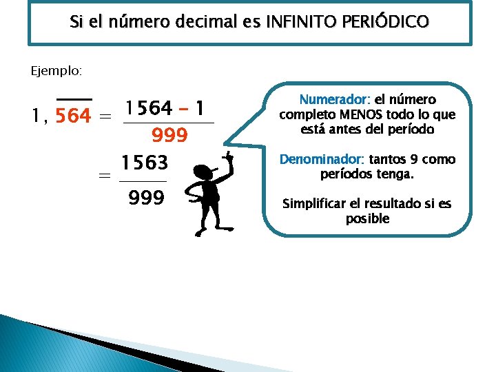 Si el número decimal es INFINITO PERIÓDICO Ejemplo: 1, 564 = 1564 – 1
