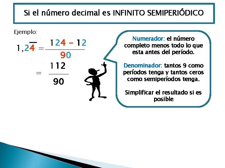 Si el número decimal es INFINITO SEMIPERIÓDICO Ejemplo: 124 – 12 1, 24 =