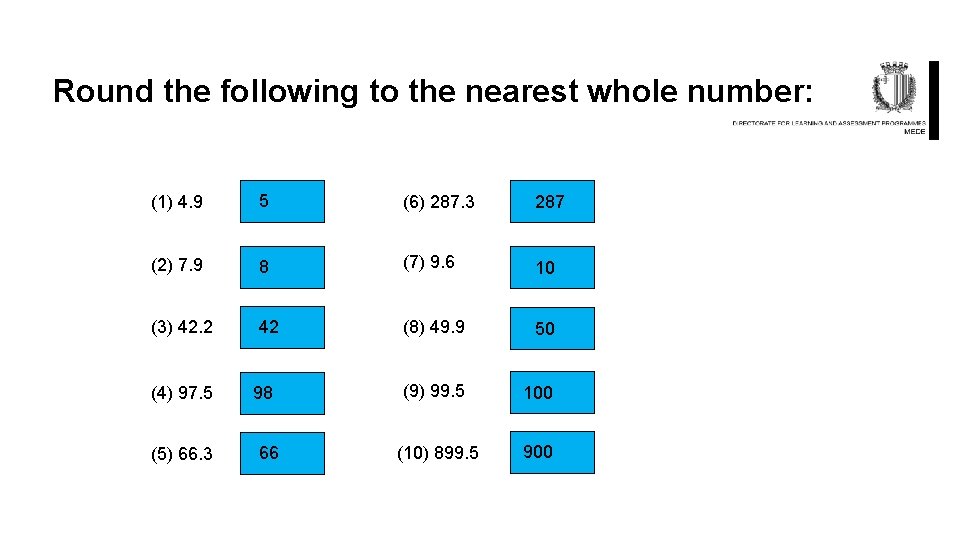 Round the following to the nearest whole number: (1) 4. 9 5 (6) 287.