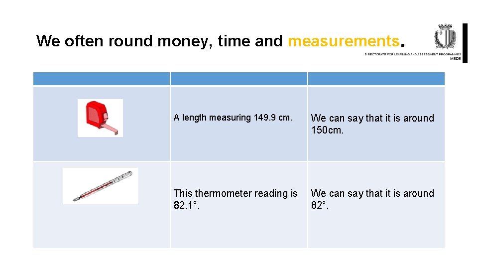 We often round money, time and measurements. A length measuring 149. 9 cm. We