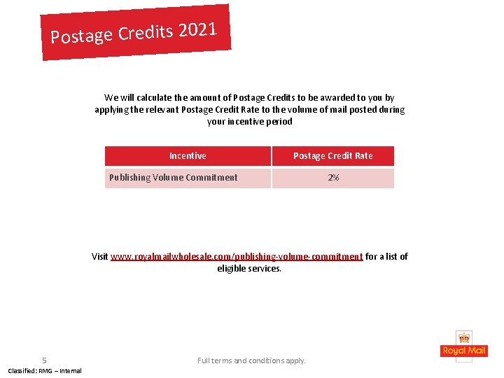 Postage Credits 2021 We will calculate the amount of Postage Credits to be awarded