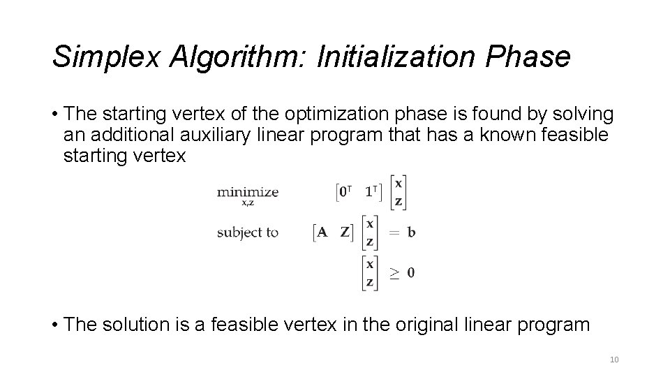 Simplex Algorithm: Initialization Phase • The starting vertex of the optimization phase is found Simplex Algorithm: Initialization Phase • The starting vertex of the optimization phase is found