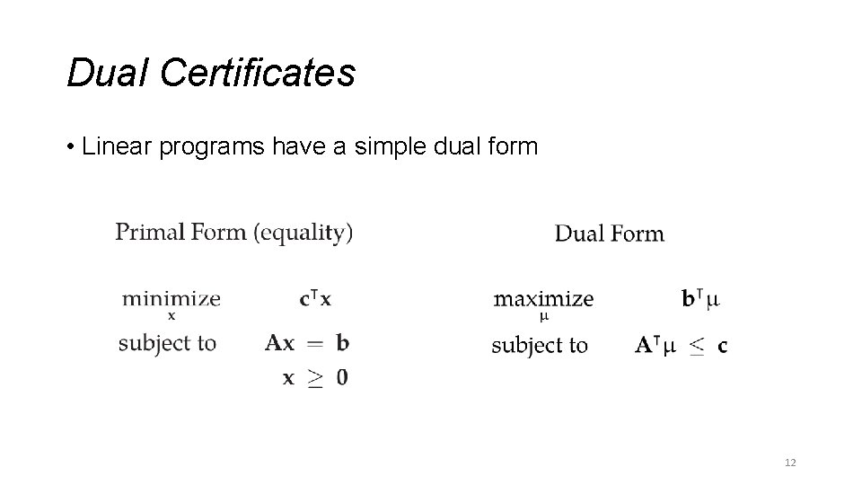 Dual Certificates • Linear programs have a simple dual form 12 