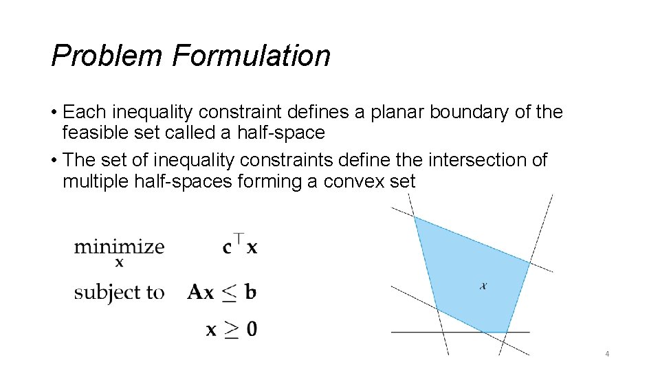 Problem Formulation • Each inequality constraint defines a planar boundary of the feasible set Problem Formulation • Each inequality constraint defines a planar boundary of the feasible set