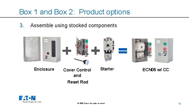 Box 1 and Box 2: Product options 3. Assemble using stocked components Enclosure Cover