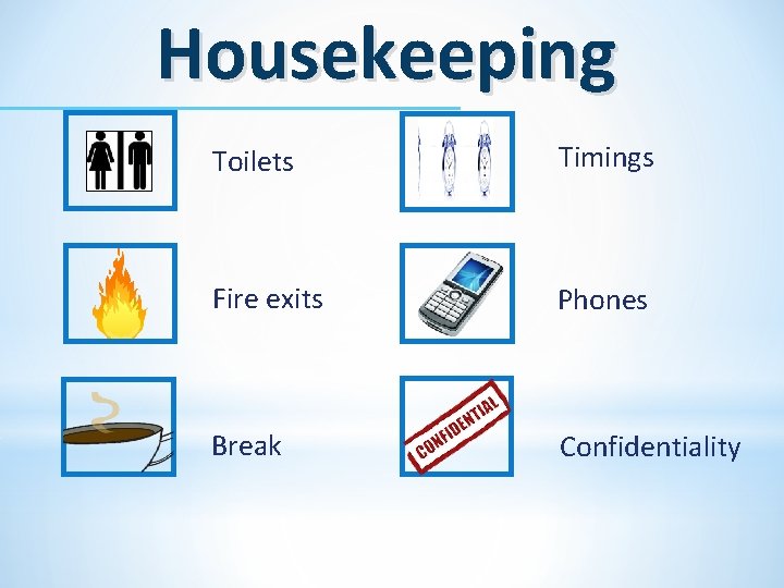 Housekeeping Toilets Timings Fire exits Phones Break Confidentiality 