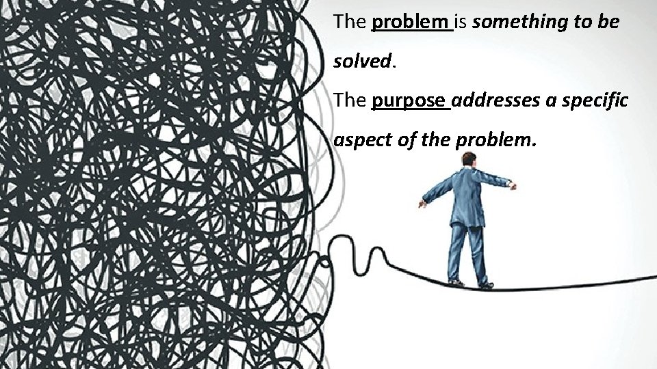 The problem is something to be solved. The purpose addresses a specific aspect of