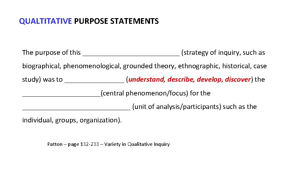 QUALTITATIVE PURPOSE STATEMENTS The purpose of this _____________ (strategy of inquiry, such as biographical,