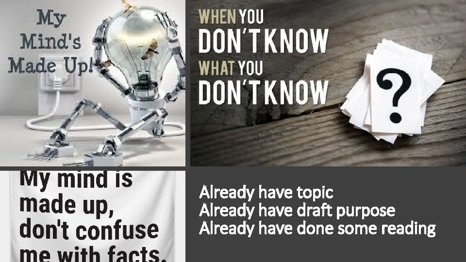 Already have topic Already have draft purpose Already have done some reading 