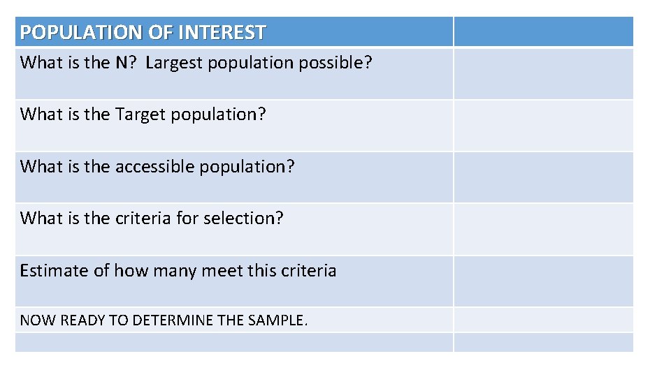 POPULATION OF INTEREST What is the N? Largest population possible? What is the Target