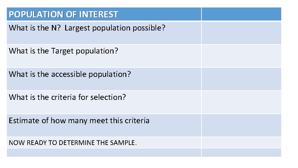 POPULATION OF INTEREST What is the N? Largest population possible? What is the Target