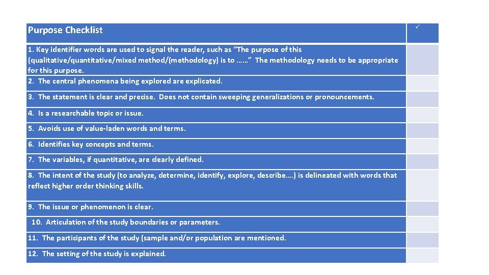 Purpose Checklist 1. Key identifier words are used to signal the reader, such as