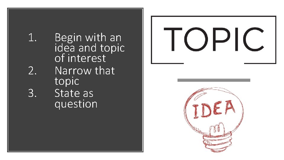 1. 2. 3. Begin with an idea and topic of interest Narrow that topic