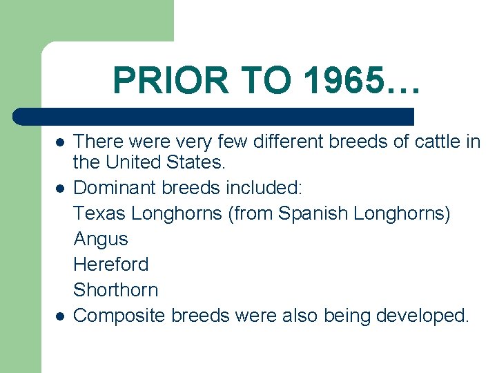 PRIOR TO 1965… l l l There were very few different breeds of cattle