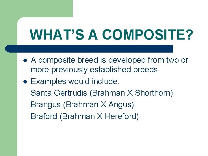 WHAT’S A COMPOSITE? l l A composite breed is developed from two or more