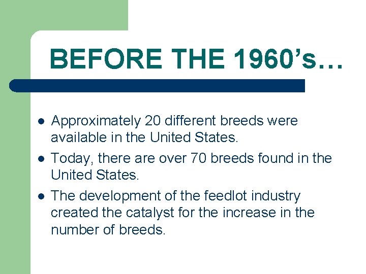BEFORE THE 1960’s… l l l Approximately 20 different breeds were available in the