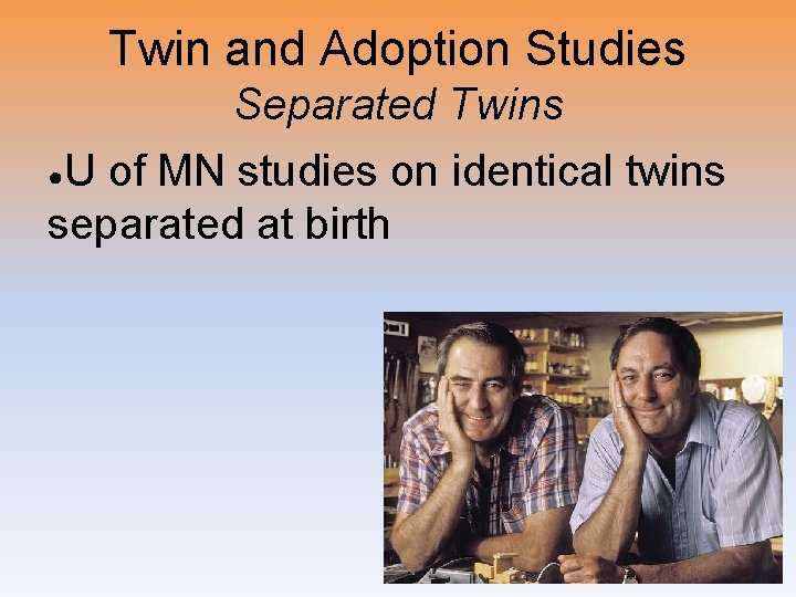 Twin and Adoption Studies Separated Twins U of MN studies on identical twins separated