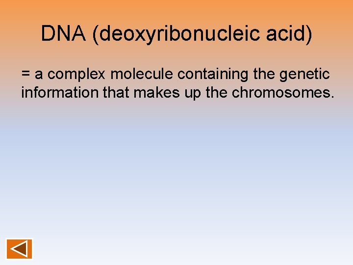 DNA (deoxyribonucleic acid) = a complex molecule containing the genetic information that makes up