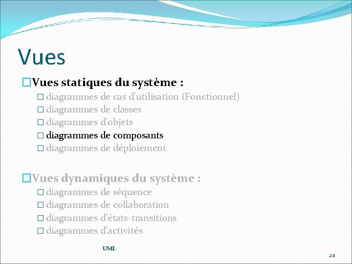 Vues �Vues statiques du système : � diagrammes de cas d'utilisation (Fonctionnel) � diagrammes