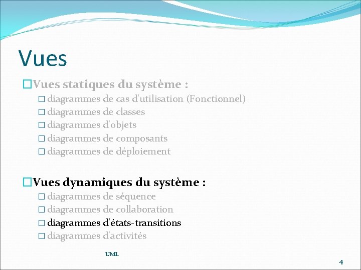 Vues �Vues statiques du système : � diagrammes de cas d'utilisation (Fonctionnel) � diagrammes