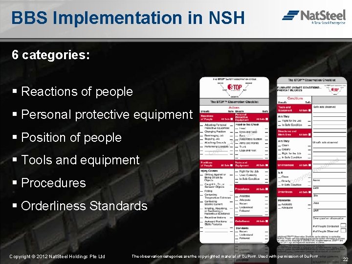 BBS Implementation in NSH 6 categories: § Reactions of people § Personal protective equipment