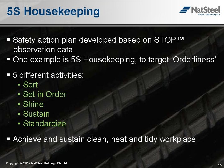 5 S Housekeeping § Safety action plan developed based on STOP™ observation data §