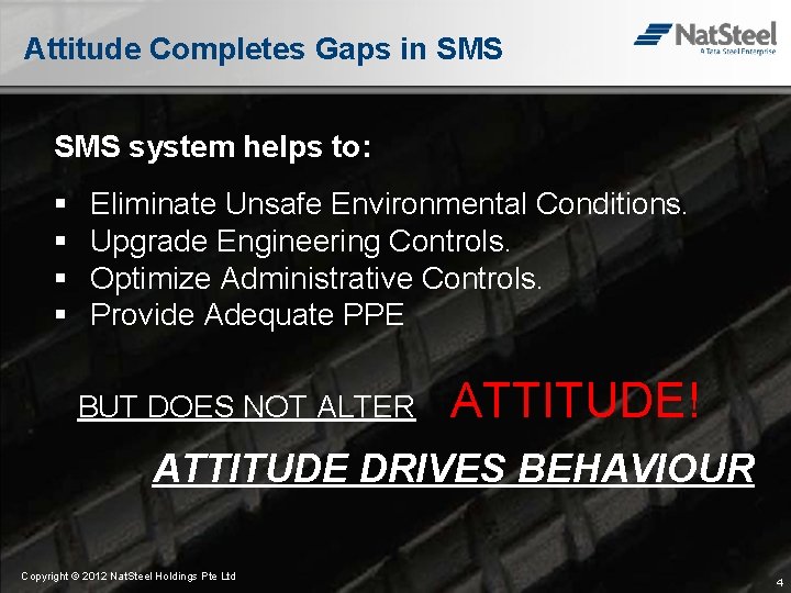 Attitude Completes Gaps in SMS system helps to: § § Eliminate Unsafe Environmental Conditions.