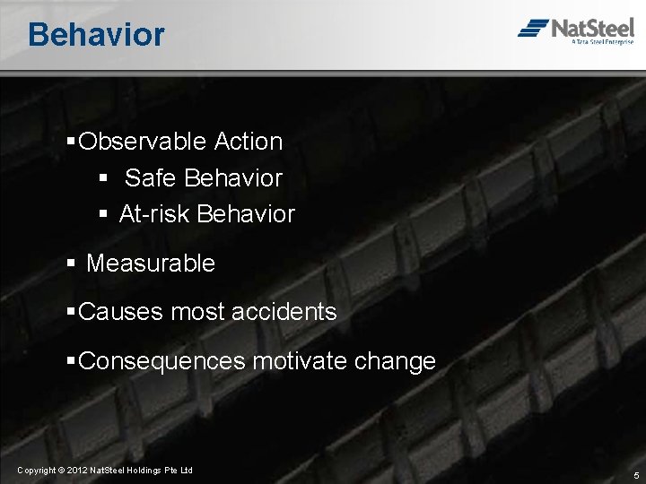 Behavior §Observable Action § Safe Behavior § At-risk Behavior § Measurable §Causes most accidents