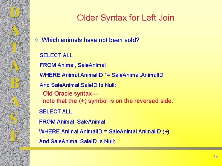 D A T A B A S E Older Syntax for Left Join Which