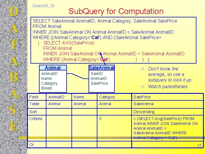 D A T A B A S E Query 04_18 Sub. Query for Computation