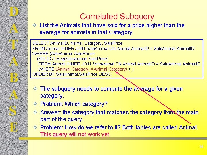 D A T A B A S E Correlated Subquery List the Animals that