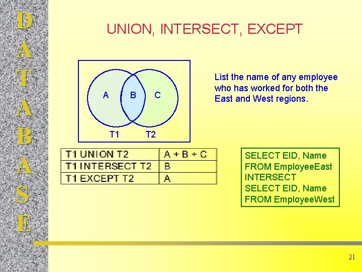 D A T A B A S E UNION, INTERSECT, EXCEPT A B T