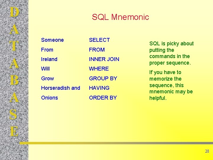 D A T A B A S E SQL Mnemonic Someone SELECT From FROM