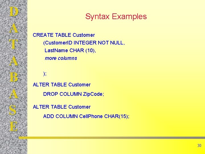 D A T A B A S E Syntax Examples CREATE TABLE Customer (Customer.