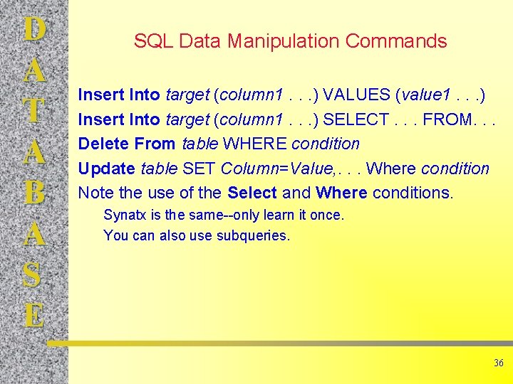 D A T A B A S E SQL Data Manipulation Commands Insert Into