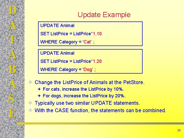 D A T A B A S E Update Example UPDATE Animal SET List.