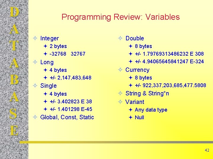 D A T A B A S E Programming Review: Variables Integer ª 2