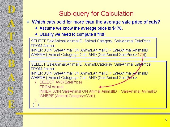 D A T A B A S E Sub-query for Calculation Which cats sold