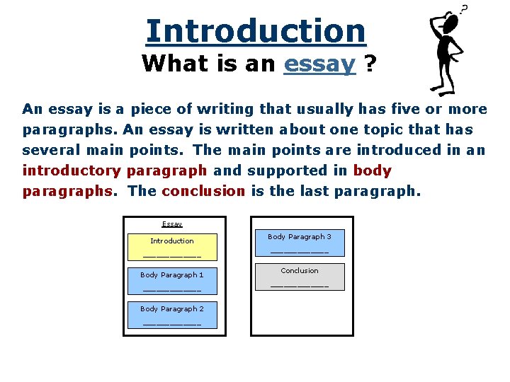 Introduction What is an essay ? An essay is a piece of writing that